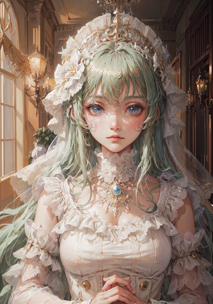 The image is a painting of a beautiful woman with long green hair and blue eyes. She is wearing a white wedding dress with a long veil. The dress is decorated with intricate lace and pearls. The woman is standing in a large room with a marble floor and high ceiling. There is a large window behind her and a chandelier hanging from the ceiling.