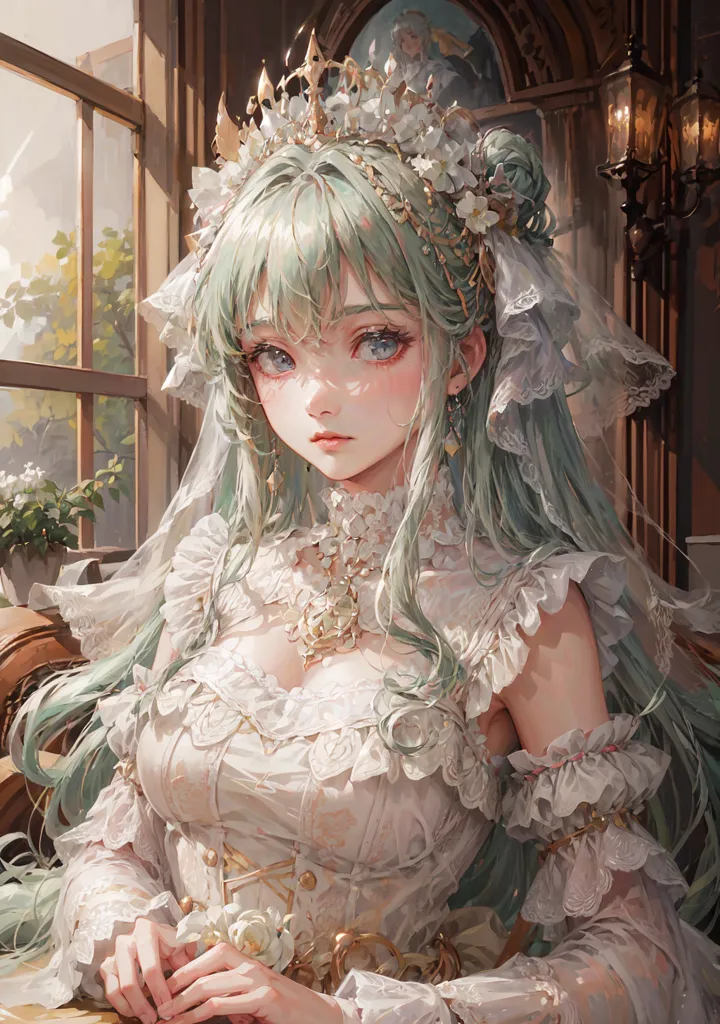 The image is of a beautiful woman with long green hair and blue eyes. She is wearing a white wedding dress with a long veil. The dress is decorated with intricate lace and pearls. She is also wearing a crown of flowers. The woman is sitting in a chair in front of a window. The window is open and there are trees and flowers outside. The sun is shining through the window and it is casting a warm glow over the woman. The woman is looking at the viewer with a serene smile on her face.