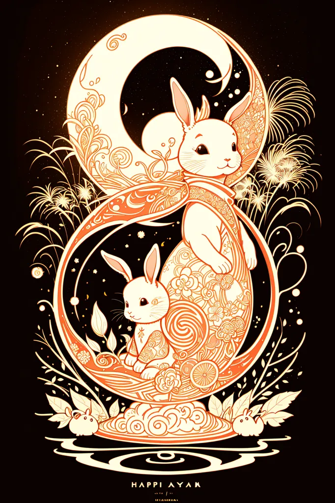 The image is a digital painting of two rabbits. The rabbits are depicted in a Chinese style, with long ears and stylized fur. The larger rabbit is sitting on a crescent moon, while the smaller rabbit is sitting on the larger rabbit's lap. The rabbits are surrounded by flowers and leaves, and there are fireworks in the background. The image is done in a warm color palette, with oranges, yellows, and reds predominating. The overall effect is one of beauty and tranquility.