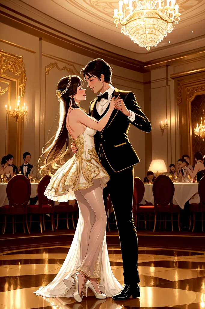 The image shows a couple dancing in a ballroom. The man is wearing a black tuxedo with a white shirt and bow tie. The woman is wearing a white and gold wedding dress with a long train. She has long brown hair and is wearing a tiara. The ballroom is decorated with gold chandeliers and sconces. There are round tables with white tablecloths and gold chairs set up around the dance floor.