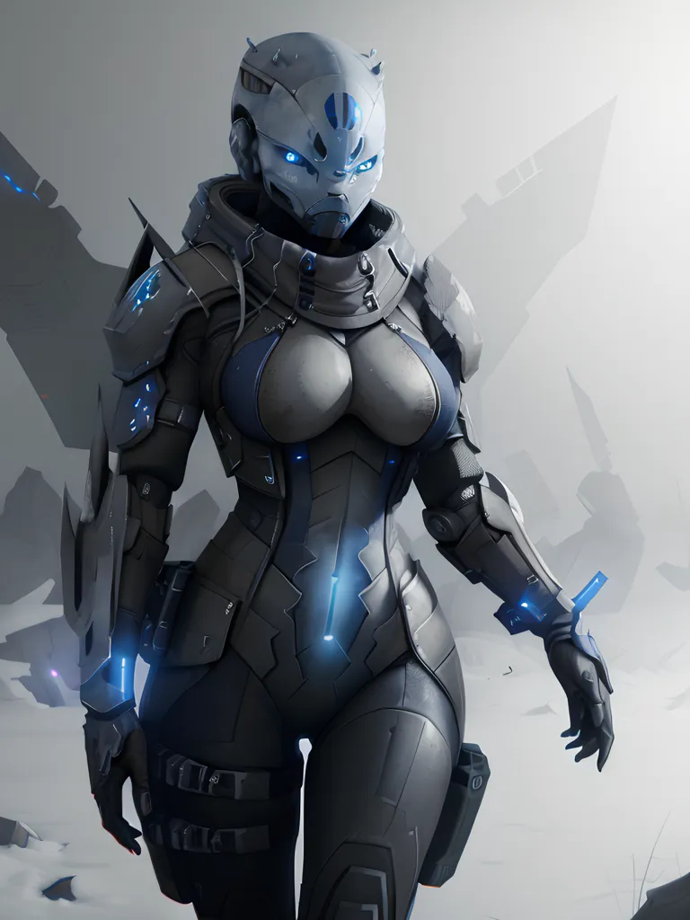 Esta é uma imagem de uma mulher usando um traje de armadura futurista. A armadura é preta e azul e tem muitos detalhes. A mulher está em pé em uma paisagem nevada e está olhando para o espectador. Ela tem uma arma na mão.