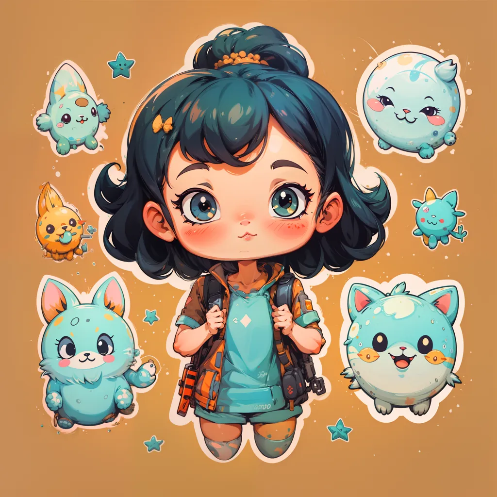 The image is of an anime-style girl with blue-green hair and brown eyes. She is wearing a blue shirt, green shorts, and a yellow backpack. She is surrounded by several cute animals, including a cat, a dog, a rabbit, and a bird. The background is a light orange color, and there are stars and bubbles floating around.