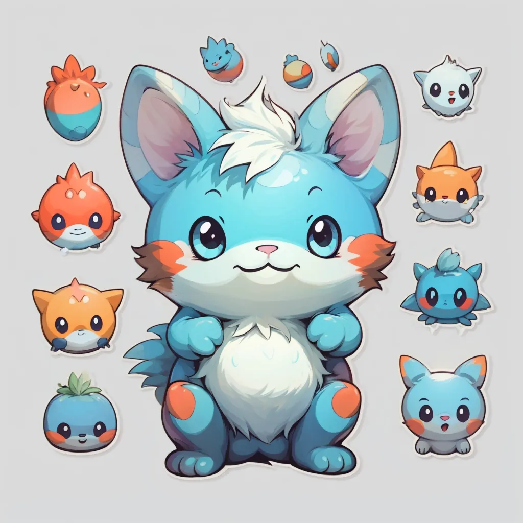 This image shows a blue cartoon creature with white and orange details. It has large pointed ears, big blue eyes, and a poofy white-tipped tail. It is surrounded by smaller creatures of the same style in various poses. The background is a light gray.