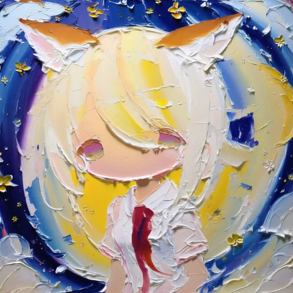 The painting is of an anime-style girl with long, blonde hair and fox ears. She is wearing a white shirt and a red tie. The background is a blue night sky with a full moon. The painting is done in a thick, impasto style, which gives it a textured look.