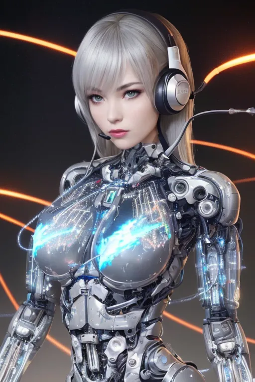 The image depicts a female robot with silver hair and green eyes. She is wearing a black bodysuit with silver accents and a pair of headphones. The robot's chest is partially transparent, revealing intricate machinery and glowing blue lights within. She is standing in a dark room with bright orange lights streaking around her.