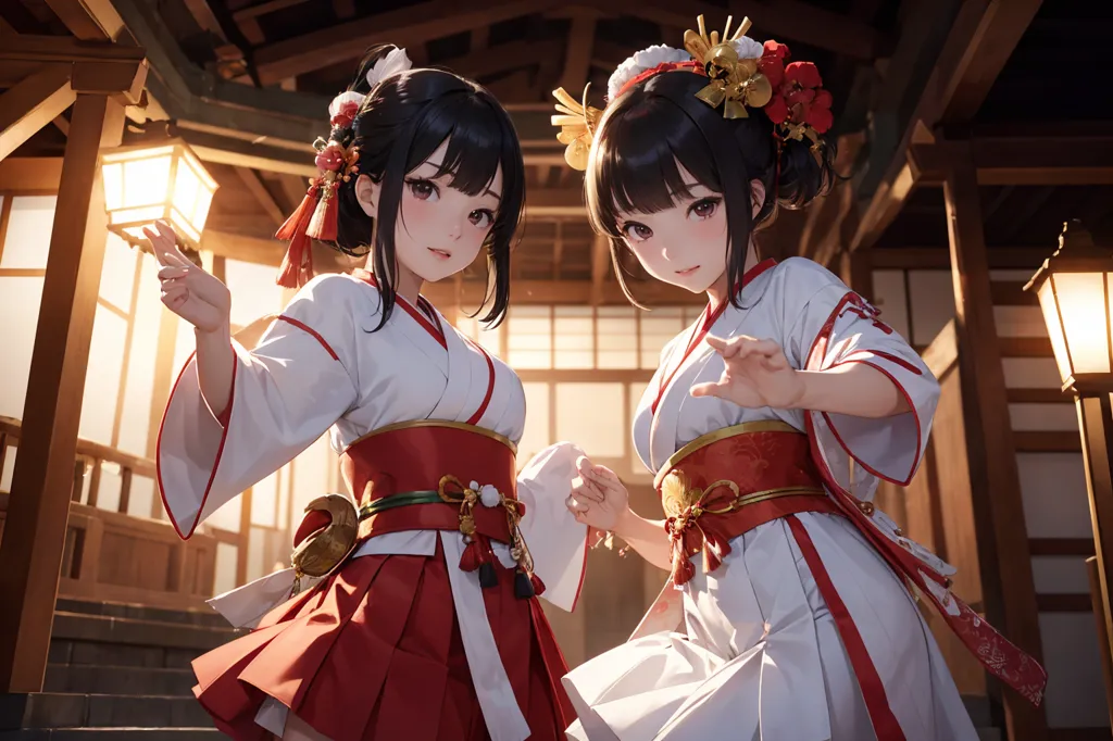 The image shows two anime girls in a traditional Japanese setting. They are both wearing white and red kimono with red and gold obi sashes. The girl on the left has her hair in a ponytail with a large red bow, while the girl on the right has her hair down with a large red and gold flower hairpin. They are both smiling and have their hands outstretched. The background is a blurred image of a traditional Japanese house.