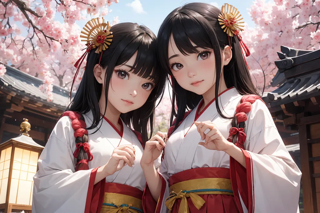 The image shows two anime girls in a traditional Japanese setting. They are both wearing white and red kimono with intricate patterns and have their hair tied up in elaborate styles. The girls are standing in a garden with cherry blossoms and are surrounded by a traditional Japanese house and a stone lantern. The overall atmosphere of the image is peaceful and serene.