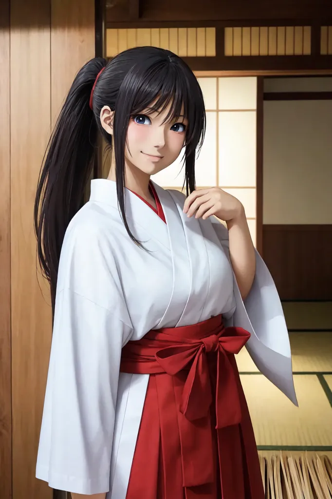 The image shows a young woman, with long black hair tied in a ponytail, wearing a white kimono with a red obi sash. She is standing in a traditional Japanese room, with wooden walls and tatami mats on the floor. The woman has a gentle smile on her face, and she is looking at the viewer.