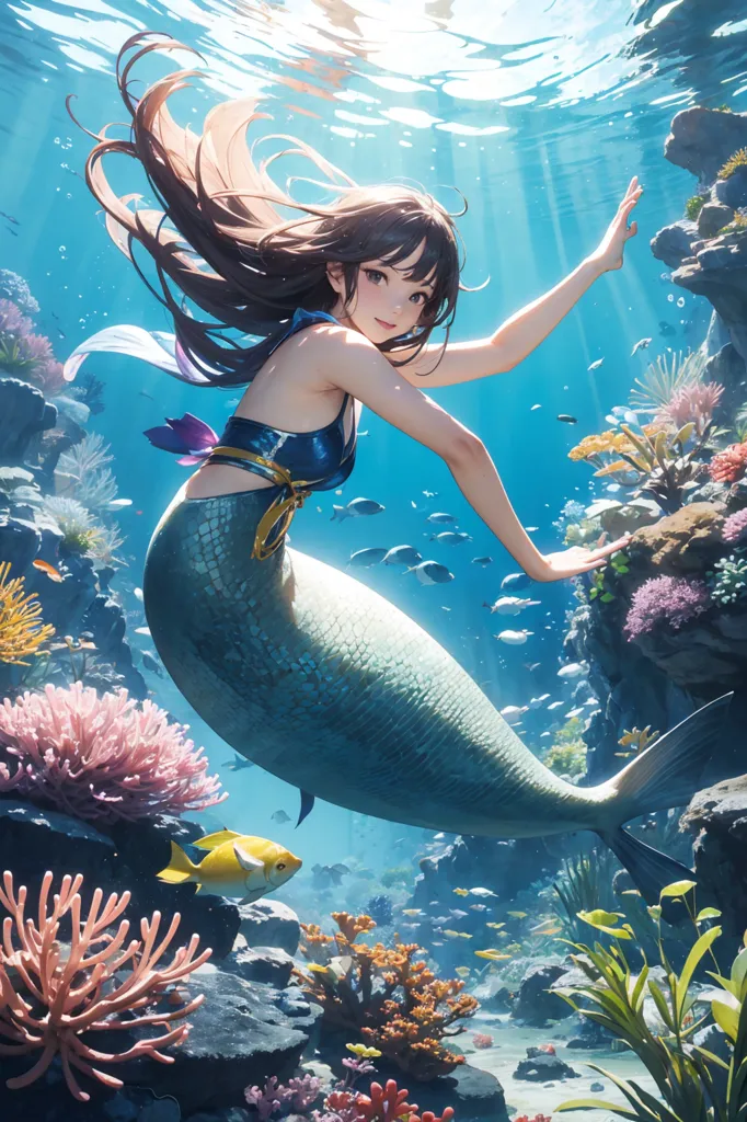 This is an image of a mermaid swimming underwater. She has long, brown hair and green eyes. She is wearing a blue bikini top and has a yellow fish swimming near her. The background is a coral reef with many different types of fish and coral. The water is clear and blue.