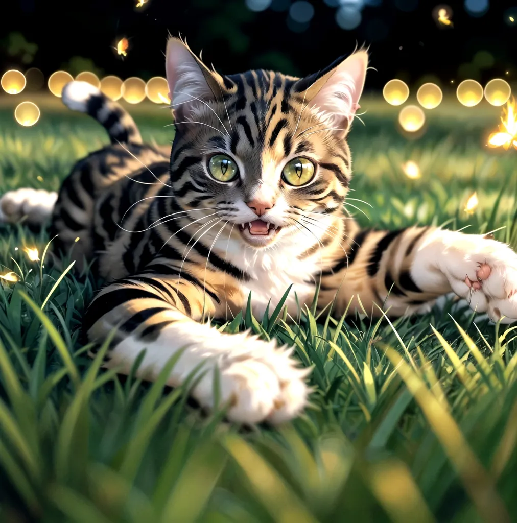 A cute cat is lying on its side in the grass, looking at the viewer with its green eyes. It has a white belly and paws, and its fur is brown and black. The cat is surrounded by fireflies, and there are also some flowers in the background. The cat has a playful expression on its face, and it seems to be enjoying the warm weather.