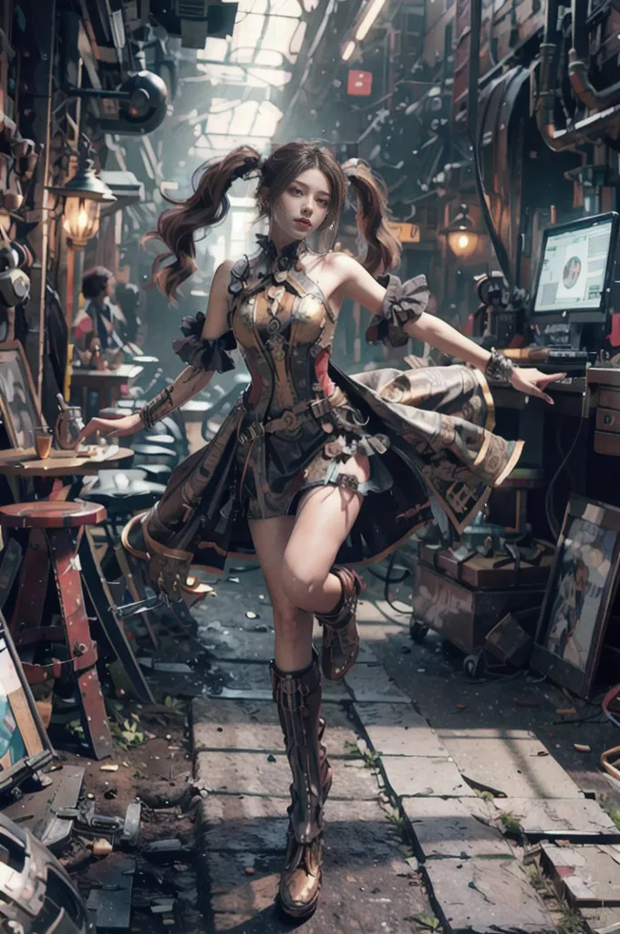 Ceci est une image d'une fille de style steampunk. Elle porte une tenue de style steampunk. Elle a les cheveux bruns coiffés en deux nattes et les yeux bruns. Elle se tient debout dans un décor de style steampunk. Il y a divers accessoires et décorations de style steampunk en arrière-plan.