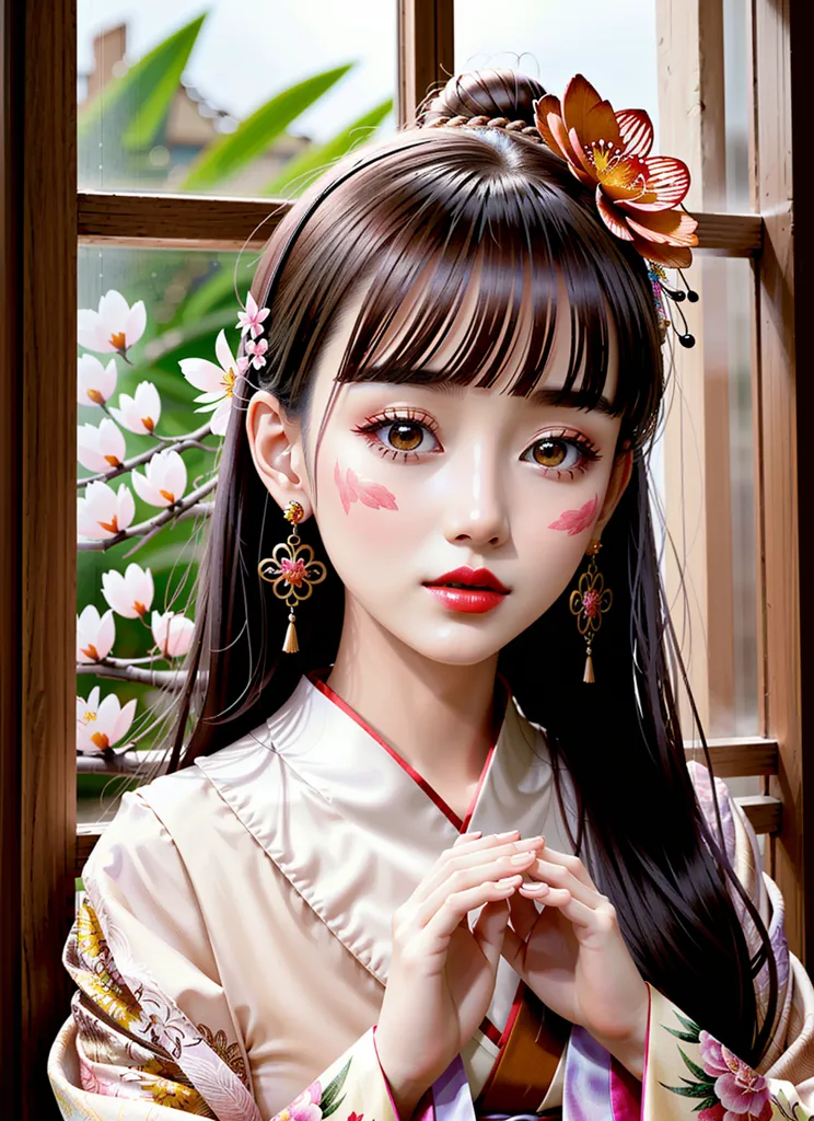 The image shows a beautiful young woman, with long dark hair and bangs, wearing a traditional Japanese kimono with floral patterns. There are some cherry blossom branches with white and pink flowers outside the window. The woman is looking at the camera with a gentle smile on her face.