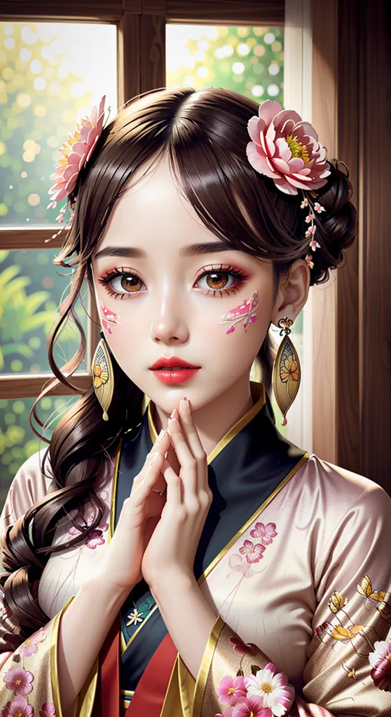 Gambar ini adalah potret seorang wanita muda. Dia memiliki rambut coklat panjang dengan bunga-bunga pink di dalamnya. Dia mengenakan kimono pink dan putih dengan motif bunga-bunga. Mata wanita itu tertutup dan tangannya terlipat di depan. Dia memiliki ekspresi tenang di wajahnya. Latar belakangnya adalah gambar rumah tradisional Jepang yang buram.