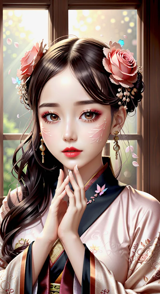 The image shows a beautiful young woman with long, flowing brown hair. She is wearing a traditional Chinese dress called a hanfu. The dress is pink and white with intricate floral embroidery. She has a pink rose in her hair and is wearing delicate butterfly earrings. Her makeup is natural and she has a soft smile on her face. She is standing in front of a window and there are pink rose petals falling around her.