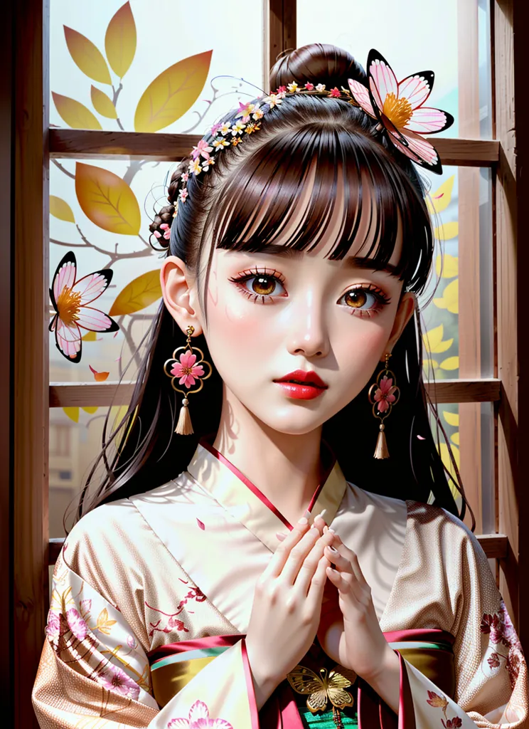 The image is a portrait of a young woman. She has long, dark hair with bangs and brown eyes. She is wearing a traditional Chinese dress with a white and pink floral pattern. There are butterflies in her hair and on her dress. The background is a blurry image of a window with a plant in front of it.