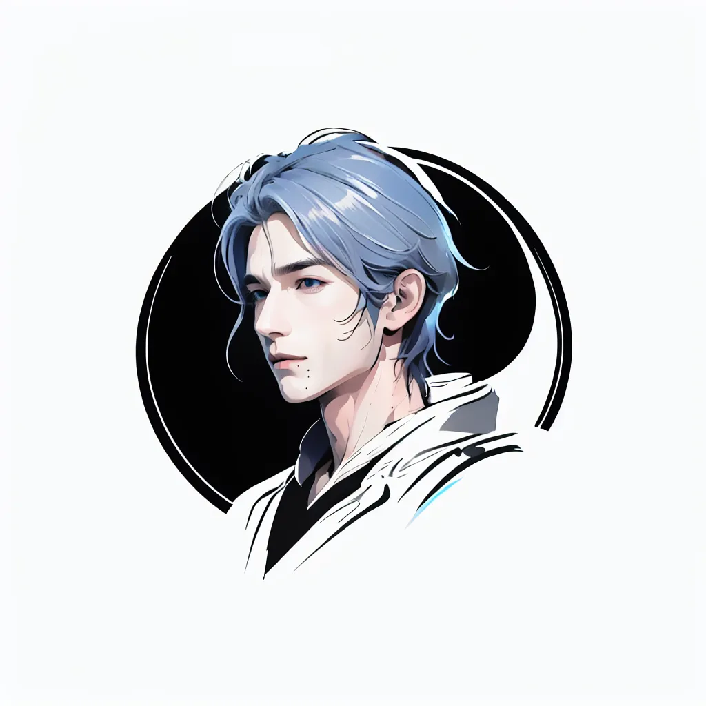 The image is a digital painting of a young man with blue hair. He is wearing a white shirt and has a black circle behind him. The painting is done in a realistic style and the man's expression is serious.