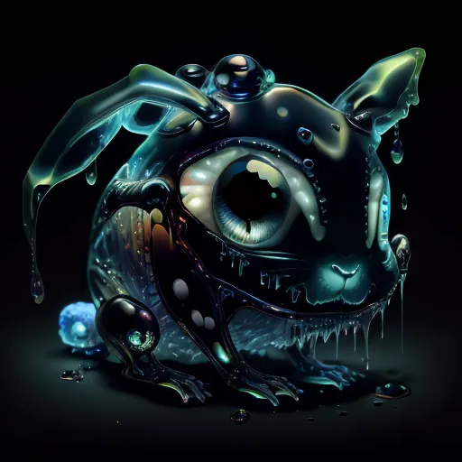 The image is a dark, close-up portrait of a strange creature. It has a rabbit-like head with long, pointed ears and a small, round body. Its fur is a deep blue color, and its eyes are a bright, glowing green. The creature is covered in a strange, glowing liquid that seems to be dripping off of its body. The background is a dark, inky black.