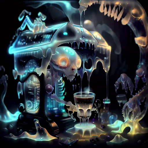 The image is a dark and surreal depiction of a bar. The bar is made of glass and is filled with a strange, glowing liquid. There is a skull on the bar, and a glass of wine sits in front of the skull. The skull is surrounded by strange, glowing creatures. The image is full of mystery and intrigue, and it is unclear what is happening or what will happen next.