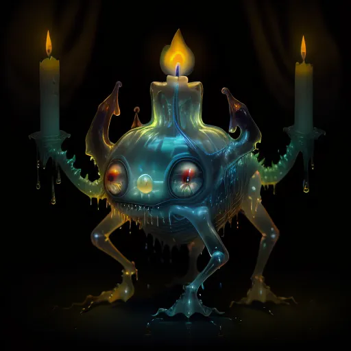 The image is a dark background with a creature in the center. The creature appears to be made of wax and has two candles on its back. The creature has four arms and four legs and is hunched over. Its eyes are wide and its mouth is slightly open. The candles are lit and are dripping wax. The creature is standing on a puddle of wax.