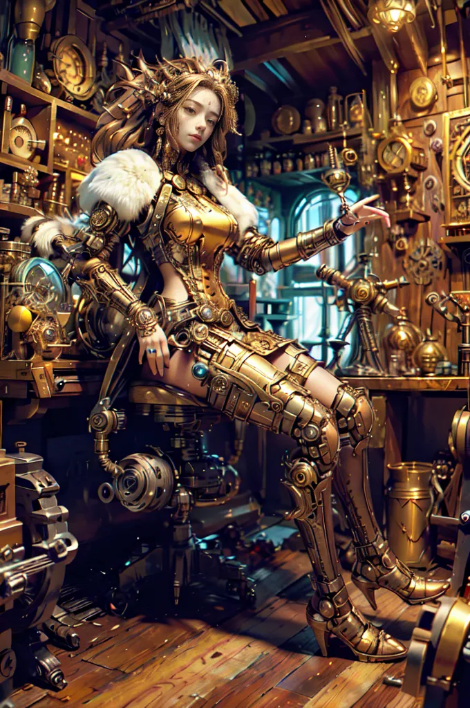 The image is a steampunk style painting of a beautiful woman sitting in a workshop. She is wearing a golden armor with intricate details and fur. Her legs are made of metal and she has a golden crown on her head. She is sitting on a chair that looks like it is made of metal and has a lot of gears and cogs. There are many shelves and cabinets in the background of the image, all filled with steampunk gadgets and gizmos. The overall tone of the image is one of mystery and intrigue.