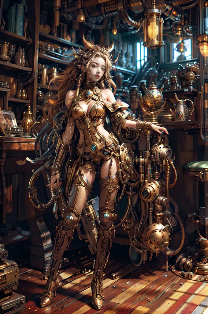 The image is a steampunk style painting of a young woman standing in a workshop. She is wearing a golden armor with lots of gears and cogs. She has long blonde hair and blue eyes. She is standing in front of a wooden table with a lot of steampunk gadgets on it. There is a large window to her right and a shelf full of books and gadgets to her left.