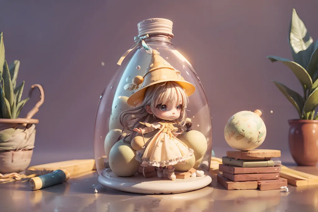 The image is a 3D rendering of a cute anime girl in a yellow witch hat and dress. She is standing inside a glass bottle that is sitting on a white table. The bottle is decorated with a ribbon and there are some small objects, including a globe, some books, and a plant, sitting next to it. The girl is holding a magic wand and there are some eggs and stars floating around her. The background is a soft gradient of purple and pink and there is a plant in the foreground. The overall style of the image is soft and cute.