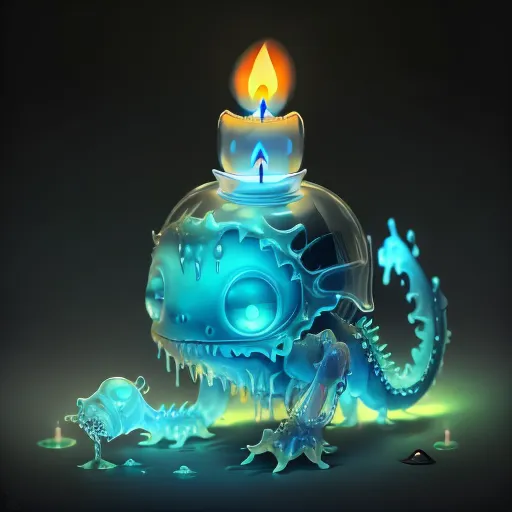 The image shows a small, blue, translucent creature with a candle on its head. The creature appears to be made of wax or some other soft material. It has a reptilian body with a long tail and four legs. The candle on its head is lit and is dripping wax down the creature's body. The creature is standing on a dark surface, which may be a table or a floor. There are several small candles scattered around the creature. The background is dark and there is a spotlight shining down on the creature.