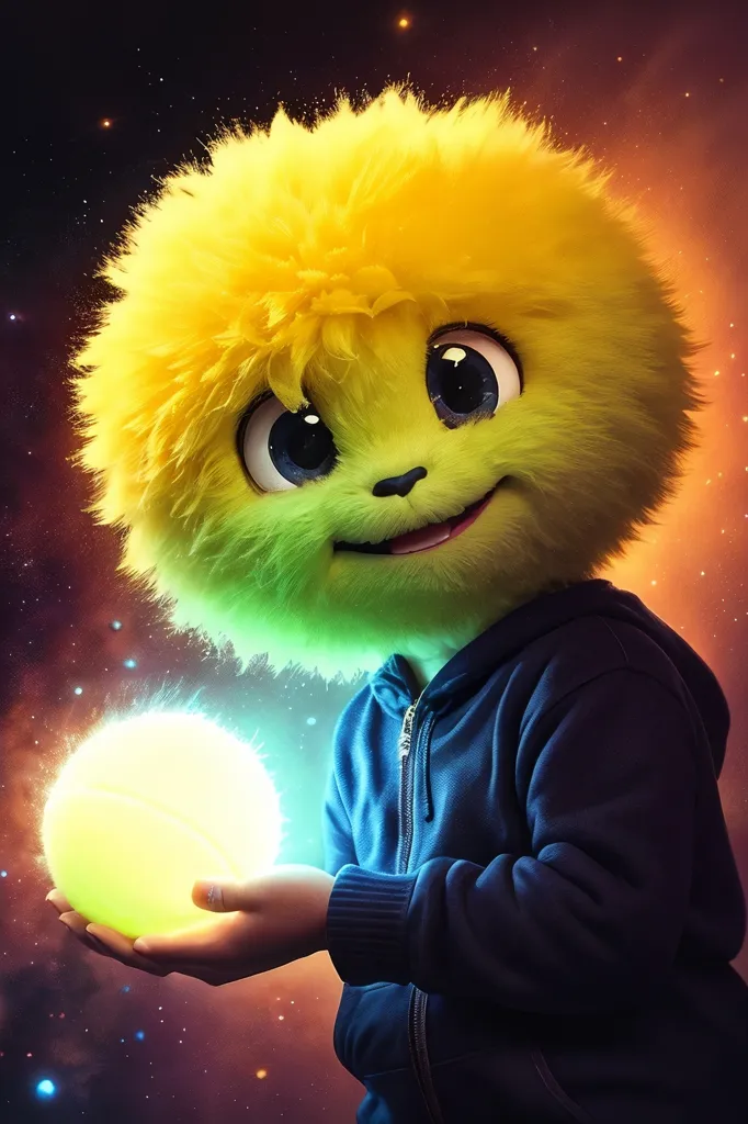 L'image montre une créature jaune et poilue avec de grands yeux et un sourire sur son visage. Elle porte un sweat à capuche bleu. La créature tient une boule jaune lumineuse dans sa main. Il y a des étoiles en arrière-plan.