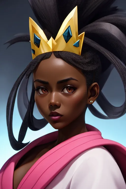 This is a digital painting of a young woman with dark brown skin and black hair. She is wearing a gold crown and a white and pink outfit. The background is a dark blue. The woman has a serious expression on her face.