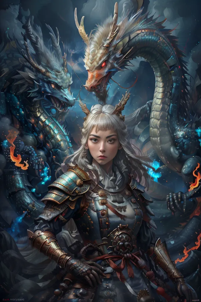 The image is of a woman in samurai armor. She has long white hair and red eyes. She is standing in a forest, with two dragons behind her. The dragons are both blue and white, and they are both breathing fire. The woman is holding a sword, and she is looking at the viewer with a determined expression.