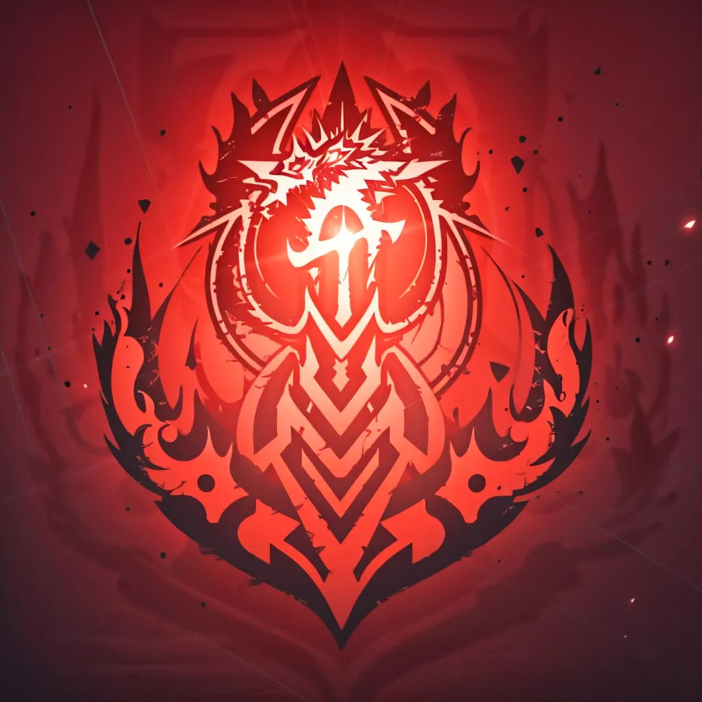 The image is a red symbol resembling a dragon or other reptilian creature. The symbol has a crown or other head adornment, and is surrounded by flames or other fiery elements. The background is also red, and the overall effect is one of heat and intensity.