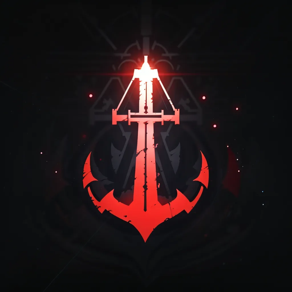 The image is a red anchor with a sword going through it. The anchor is surrounded by a circle with four triangles in each corner of the circle. There is a red glow around the anchor and a white glow around the circle. The background is black.