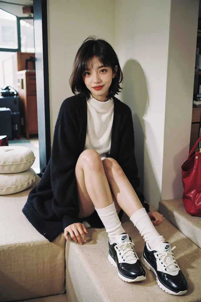 The image shows a young woman sitting on a bench. She has short dark hair and is wearing a white turtleneck sweater, a black cardigan sweater, and white socks with black Nike sneakers. She is also wearing a red handbag. The woman is sitting with her legs crossed and has a slight smile on her face. She is looking at the camera.