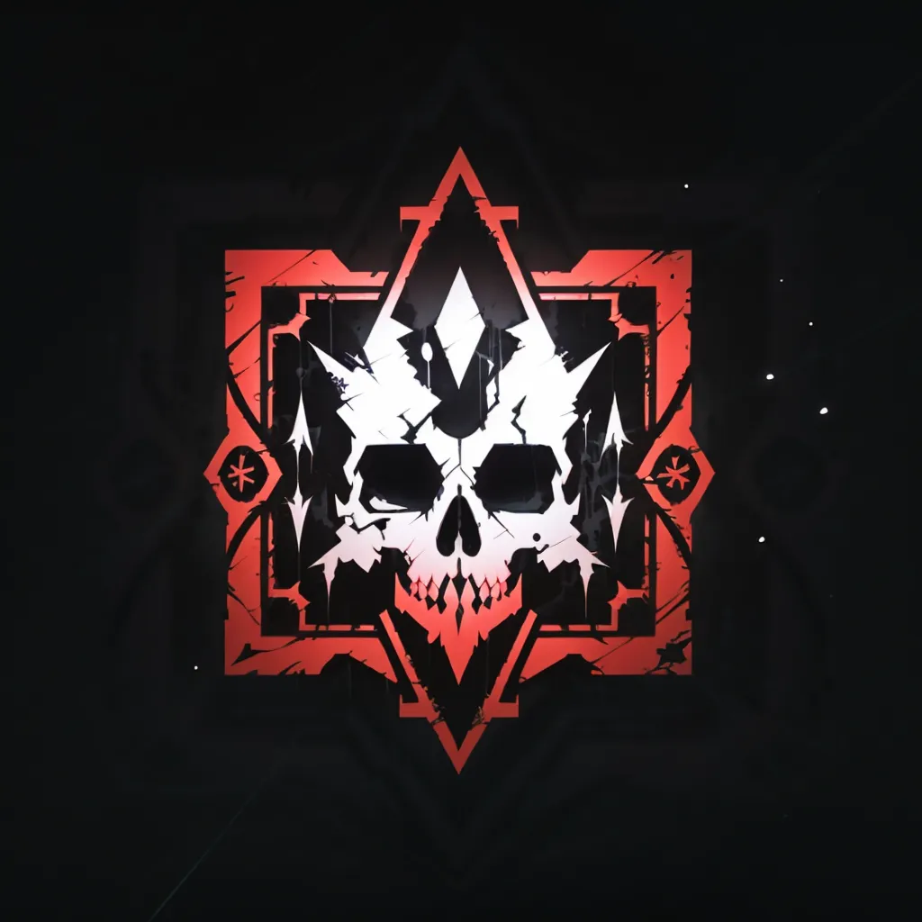 This is a logo of a skull with a crown over it. The skull is white and the crown is red. The background is black with a red square frame with white and red geometric shapes in the corners.