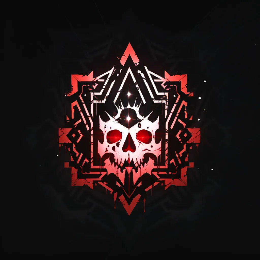 This is a picture of a skull with a crown on its head. The skull is red and white and has a red glow around it. The background is black with a red geometric pattern. The skull is in the center of the image.