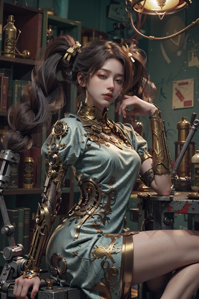 The image is a portrait of a young woman with brown hair and steampunk style clothing. She is wearing a green and gold dress with a corset and a bustle. She has a lot of mechanical limbs including an arm and a leg. She is sitting in a cluttered room with bookshelves, a desk, and a lamp.