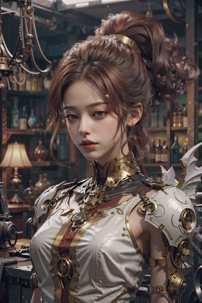 The image is of a beautiful young woman with long brown hair and brown eyes. She is wearing a white and gold steampunk outfit with a corset, gears, and other mechanical elements. She is standing in a room with shelves of books and potions behind her. She is looking at the viewer with a serious expression.