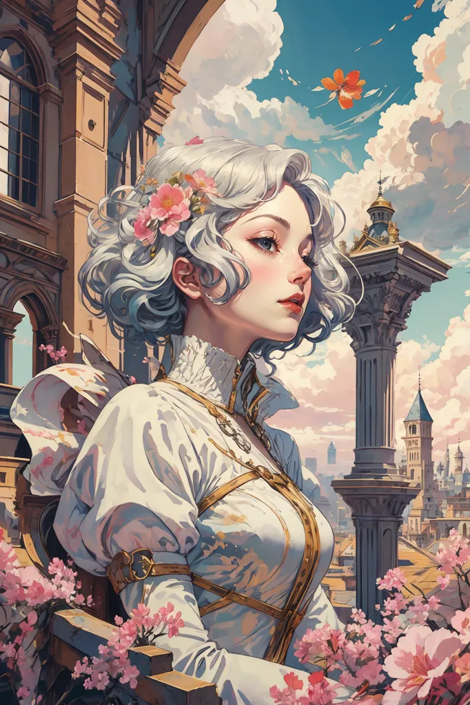 The image is a painting of a beautiful woman with white hair and pink eyes. She is wearing a white dress with a pink sash and has a pink flower in her hair. She is standing in a balcony or terrace with a cityscape in the background. The painting is done in a realistic style and the woman's expression is serene and thoughtful.