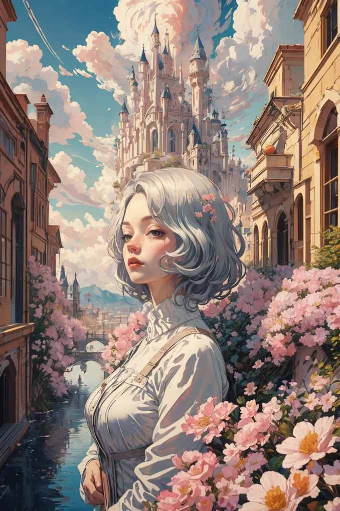 The image is a painting of a beautiful woman with silver hair and pink flowers in her hair. She is wearing a white shirt and there are pink flowers around her. In the background, there is a castle and a river. The sky is blue and there are white clouds. The painting is done in a realistic style and the colors are vibrant and lifelike.