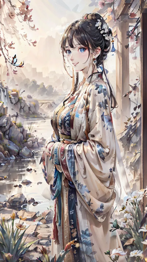 A imagem é uma pintura de uma jovem mulher vestindo um traje tradicional chinês. Ela está em pé em um jardim, com um rio e uma montanha ao fundo. A mulher está usando um vestido branco e azul com um padrão floral. Ela tem cabelos pretos longos e olhos azuis. Ela está segurando uma borboleta em suas mãos. A pintura é feita em um estilo realista, e as cores são vibrantes e realistas.