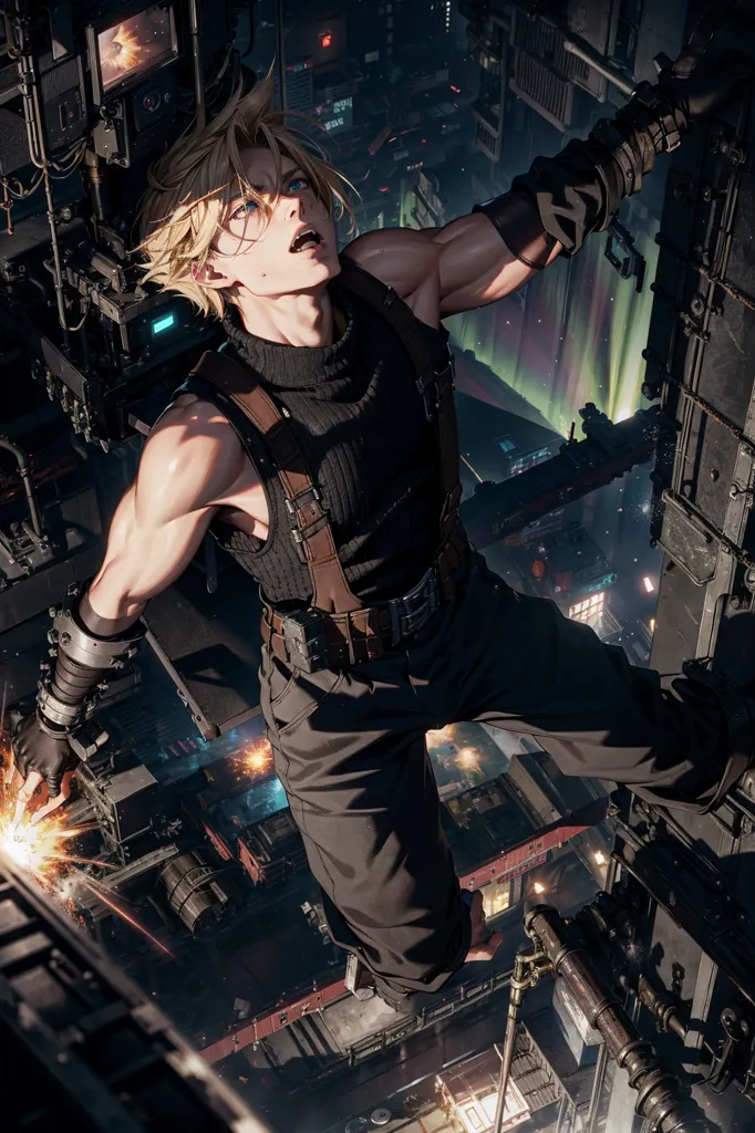 This is an image of a man with spiky blond hair and blue eyes. He is wearing a black sleeveless turtleneck and black pants with brown belts and boots. He is also wearing a silver bracelet on his left wrist and a black glove on his right hand. He is in a dark room with blue and green lights in the background. He is surrounded by metal pipes and beams. He is holding onto a metal pipe with his right hand and his left arm is outstretched. He has a determined look on his face.