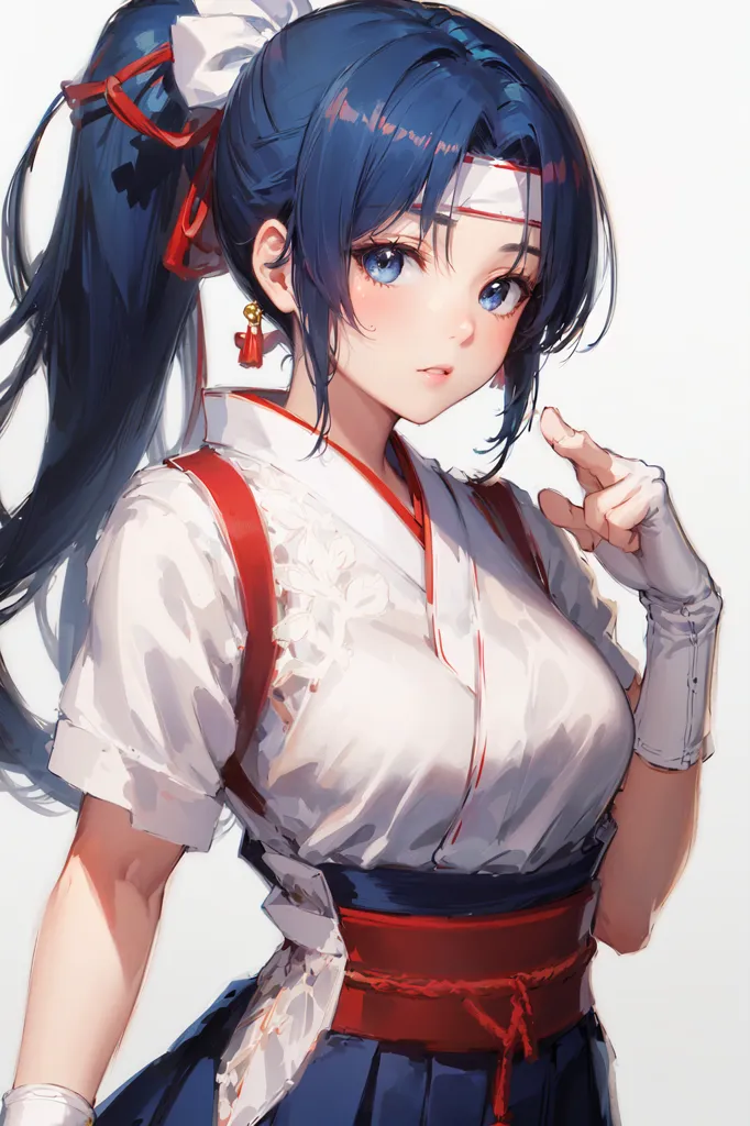 This is an image of a young woman with long blue hair. She is wearing a white top, a red sash, and a blue skirt. She has a white headband and a red ribbon in her hair. She is pointing with her right hand and has a serious expression on her face.