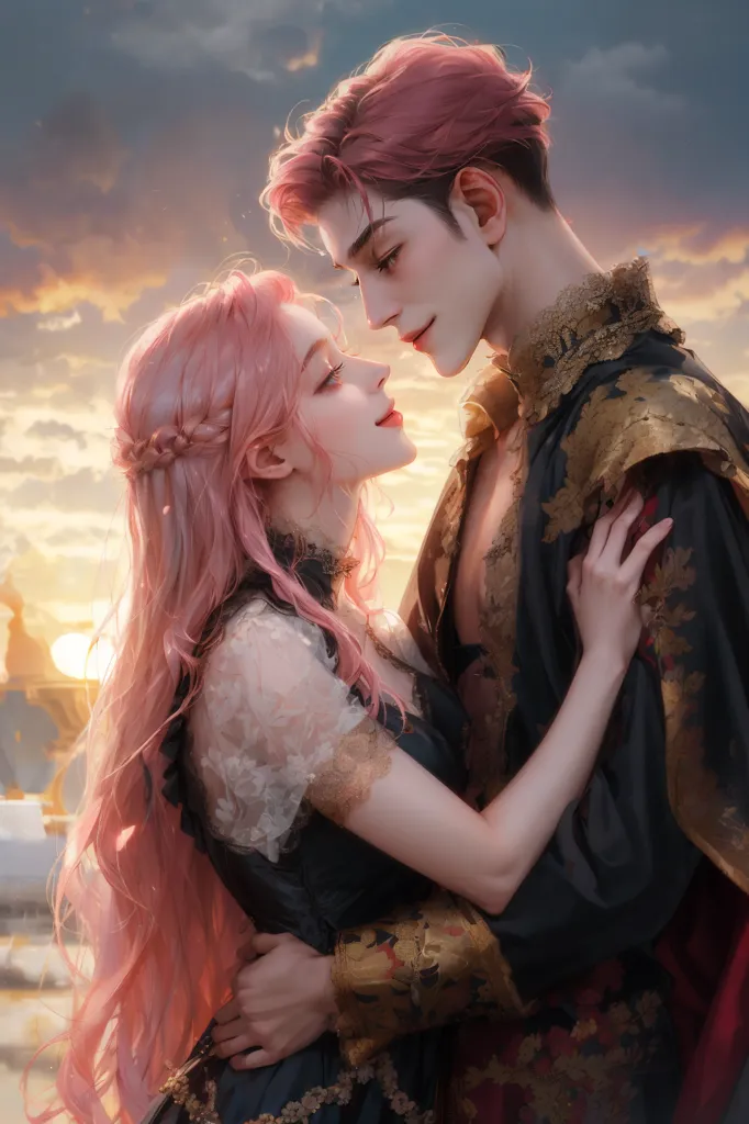 This is an image of a man and a woman, both with pink hair, standing close to each other. The man is taller than the woman and has his hand around her waist while the woman has her hands on his chest. They are both looking at each other with soft expressions. The background is a sunset with a few clouds in the sky.