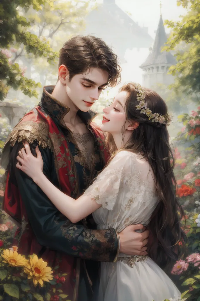 This is an image of a man and a woman, presumably a couple, in a romantic setting. The man is dressed in a black and red outfit with gold trim, and the woman is wearing a white dress with a sweetheart neckline and a crown of flowers. They are standing in a garden with a castle in the background. The man has his hand around the woman's waist, and she is smiling up at him. The image is full of soft colors and light, and it has a very romantic feel to it.