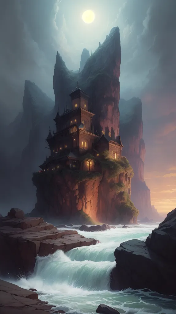 The image is a digital painting of a castle on a cliff. The castle is made of gray stone and has a dark roof. It is surrounded by large rocks and the sea. The sky is dark and there is a full moon. The water is crashing against the rocks.