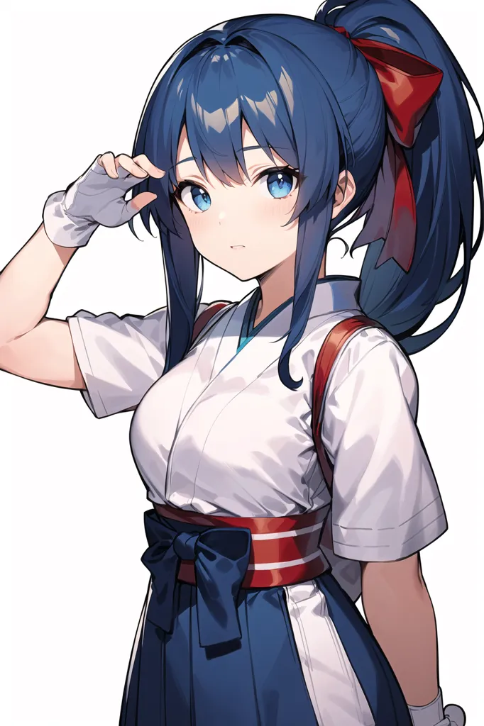 The image shows a young woman in a white and blue kimono. She has long blue hair tied in a ponytail with a red ribbon. She is looking at the viewer with a serious expression. She is wearing a red and white obi sash and has a white glove on her right hand.