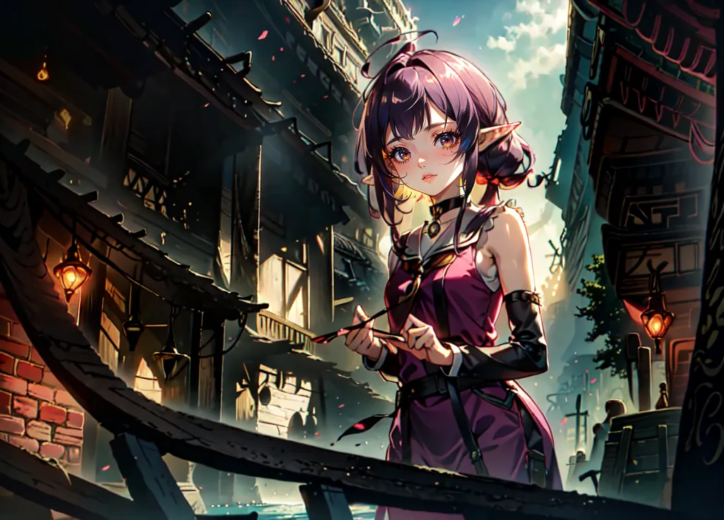 The image is an anime-style drawing of a girl with purple hair and eyes. She is wearing a purple and pink outfit and is holding a paintbrush. She is standing on a bridge in a city with traditional Chinese architecture. The background is blurry and shows a river with boats and buildings. The girl is looking at the viewer with a shy expression.