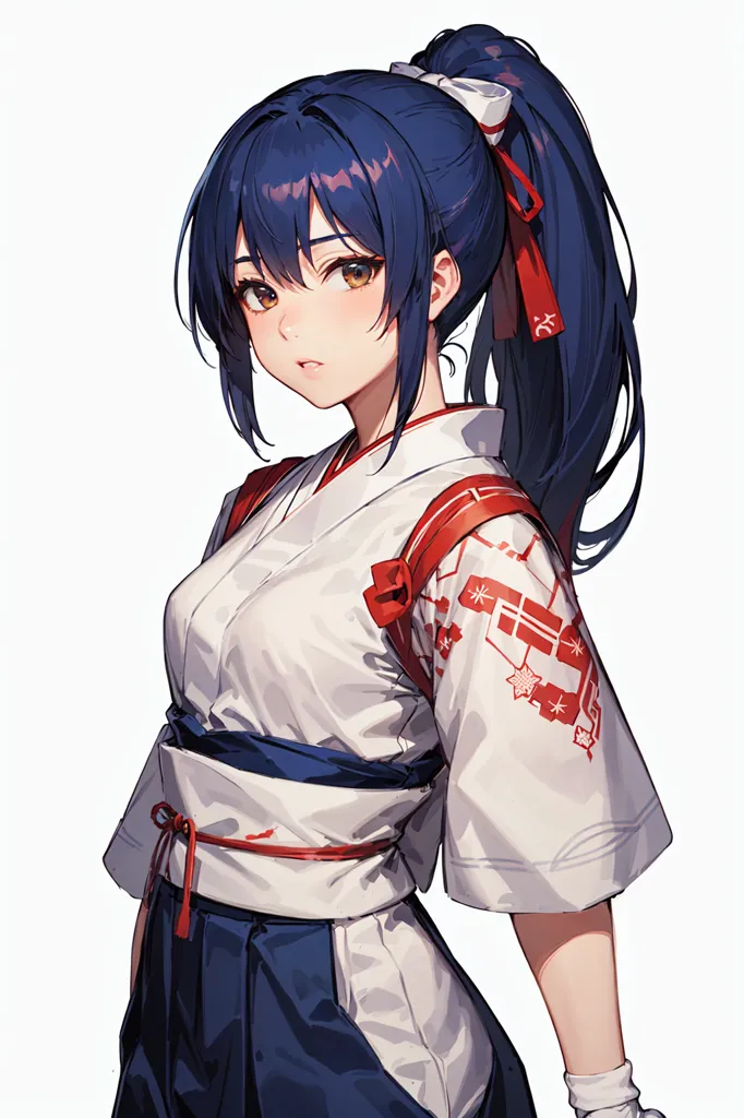 The image is a portrait of a young woman with long blue hair and brown eyes. She is wearing a white and red kimono with a blue obi. The woman has a ponytail and is looking at the viewer with a serious expression.