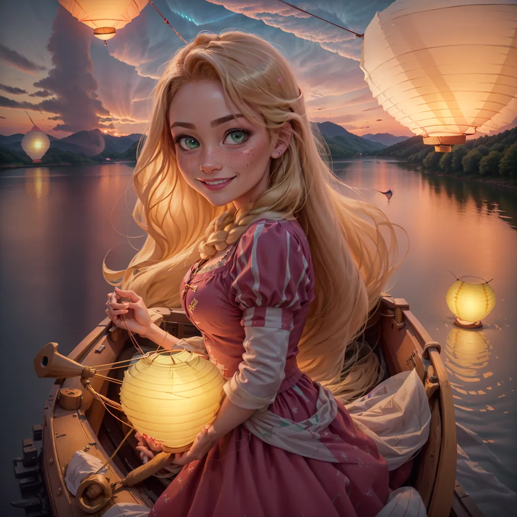 The picture shows a girl with long blond hair sitting in a boat on a lake. She is wearing a pink dress with a white camisole. The girl is holding a lantern in her hands. There are mountains in the background and a lot of lanterns in the sky. The sun is setting. The sky is orange and blue. The water is calm. The girl is smiling. She is happy.