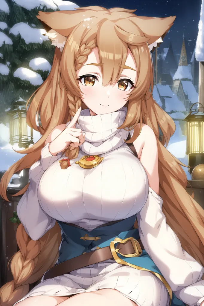 The image is of a beautiful anime girl with long brown hair and yellow eyes. She is wearing a white turtleneck sweater with a brown belt and a blue skirt. She has a sly expression on her face and is holding her hand up to her lips. She is sitting on a bench in a snowy forest, with a town in the background.